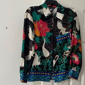 Zara Black Multicolor Crane Print Blouse